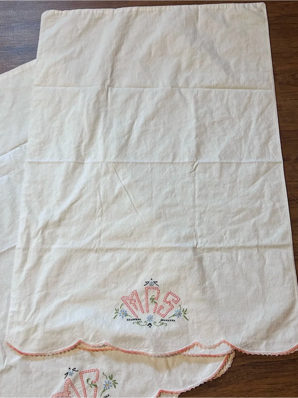 Vintage White Pillowcase Pair with Pink Embroidery and Floral Accents